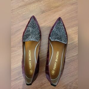 Tory Burch Loafer Lila Calf Hair Women 8 Wine Red Spotted Black Leather Pointed